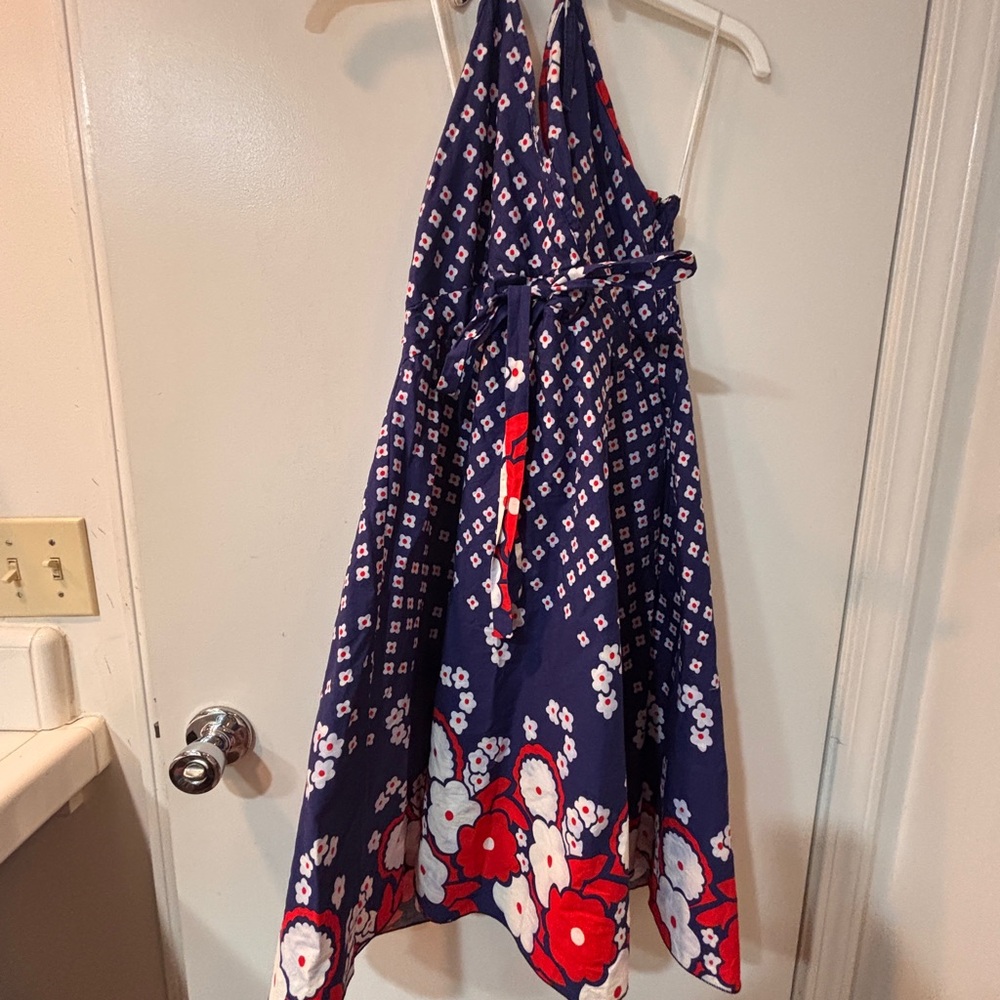 Navy Halter Dress with Red and White Floral Pattern - Vintage feel